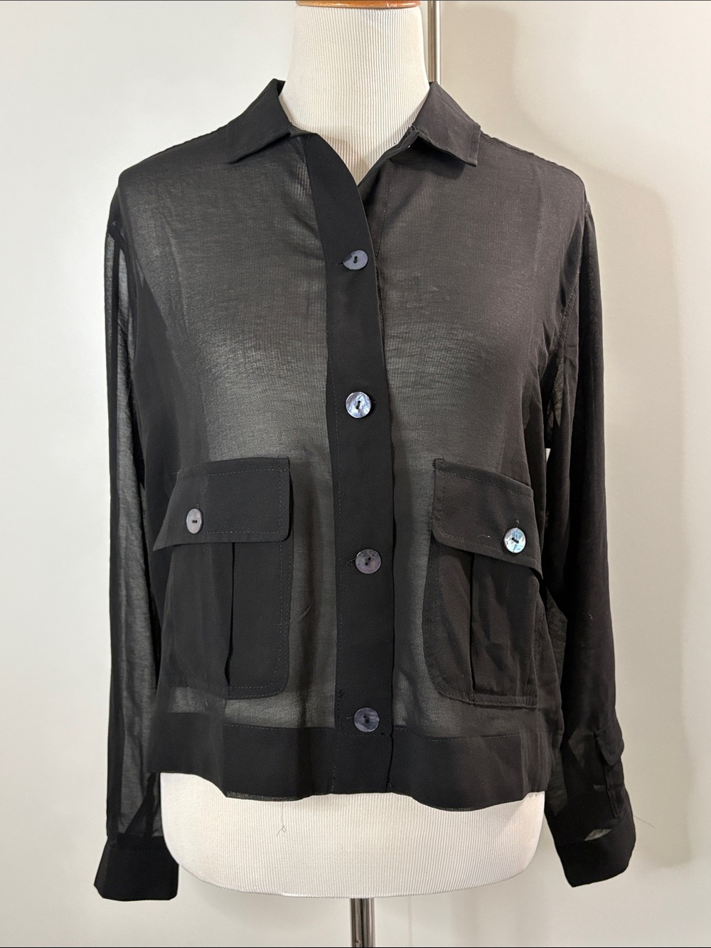 Sheer Black Button-Front Pocket Jacket M